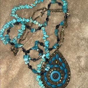 Vintage Turquoise, stone and Blue and hematite with large pendant Necklace #3